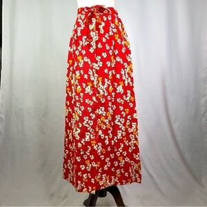 VINTAGE JCPenney barkcloth maxi skirt button front a-line bright red floral